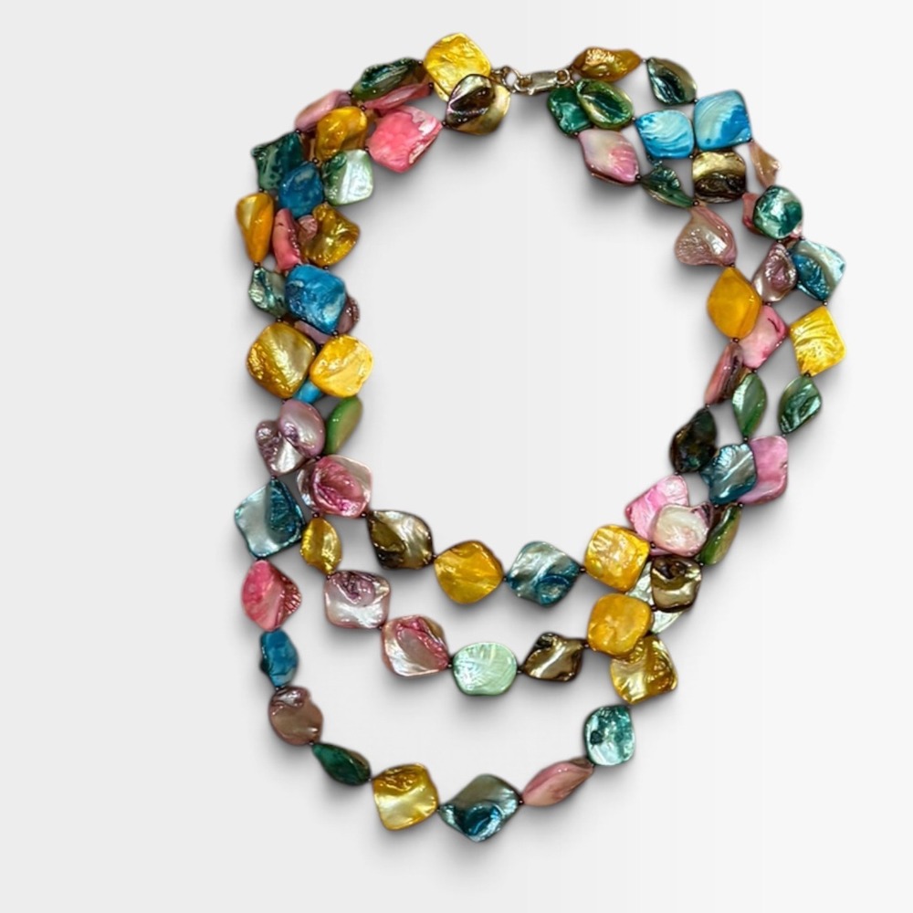 Multicolor Mother of Pearl Shell Multi Strand Necklace Iridescent Boho Coastal
